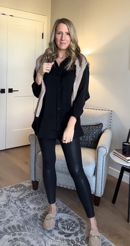 This easy to wear silky black button down top paired with faux leggings and a tunic sweater make for the perfect holiday outfit. #LTKSeasonal #LTKstyletip #LTKHoliday Black Tunic Outfit, Tunic With Leggings, Faux Leggings, Legging Outfit, Holiday Outfit Ideas, Tunic Outfit, Tunics With Leggings, Holiday Outfit, Womens Turtleneck