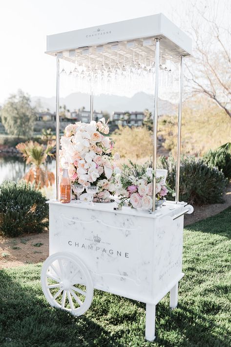 Prosecco Cart Wedding, Champagne Cart Ideas, Champagne Cart Wedding, Champagne Bar Wedding, Flower Bar Ideas, Wedding Champagne Bar, Wedding Cart, Pink Champagne Wedding, Cake And Champagne