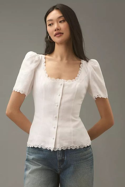 Women's Tops, Blouses, Tees and Tanks | Anthropologie Sweetheart Neckline Top, Romantic Tops, Unique Blouse, Cute Blouses, Princess Seams, 2024 Fashion, Vintage Inspired Design, Scalloped Lace, Top Design