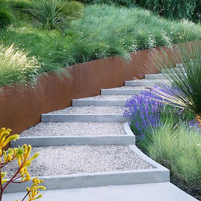 Decomposed-granite steps edged with concrete nudge this path upslope in a backyard in Portola Valley, California. Because the steps taper from 8 feet wide at the bottom to 3 feet wide at the top, they appear to cover more ground than they do. (A Cor-Ten steel wall enhances the effect; from a 4 1/2-foot base, it shrinks to 2 feet high at the top.) Dasylirion and dwarf lavender line the path. Stone Walkway, Garden Walkway, Garden Steps, Concrete Steps, Cottage Gardens, Plants And Flowers, Stairway To Heaven, Backyard Projects, Gorgeous Gardens