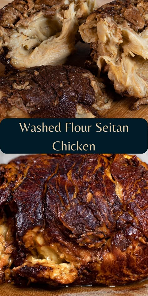 This is flour washed seitan that is juicy, shreddy, meaty, high protein goodness. Made with just flour and water- with lots of seasonings. This recipe has you wash out the starch from a ball of dough leaving you with wheat protien. From there you season it, fry it, then simmer it. The result is a juicy, shredy, meaty seitan. Making seitan this way is easier to digest with no vital wheat gluten flavor. Use it like chicken- bread it for tenders, shred it for soup, fry it up with some rice Washed Flour Chicken, Washed Flour Seitan Recipes, Seitan Fried Chicken, Washed Flour Seitan, Chicken Seitan Recipes, Vital Wheat Gluten Chicken, Seitan Chicken Recipes, Seiten Recipes, Vital Wheat Gluten Recipes