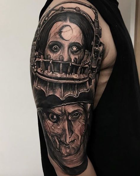 Insane #tattoo done by #fkironsproteam @anrijsstraume #fkirons #tattooartist Jigsaw Tattoo Design, Jigsaw Tattoo, Anrijs Straume, Unique Half Sleeve Tattoos, All Seeing Eye Tattoo, Horror Tattoos, Wicked Art, Horror Movie Tattoos, Castle Tattoo