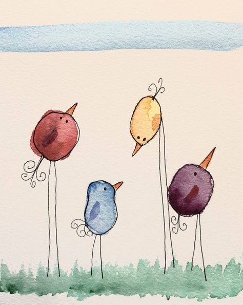 Paint On Boards Ideas, Whimsical Bird Art Watercolors, Making Watercolor Cards, Watercolor Outlined In Pen, Water Colour For Beginner, Whimsical Birds Drawing, Beginner Water Coloring Ideas, Water Colour Card Ideas, Water Colour Painting For Kids