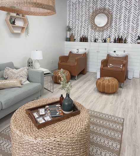 Hair Styling Station Ideas For Home, Boho Salon Shampoo Area, Hair Salon Boho Decor, Boho Themed Salon, Hair Salon Shampoo Back Bar Ideas, Country Chic Salon Ideas, Gray Hair Salon Decor Interior Design, 2023 Salon Decor, Decorating Salon Suite