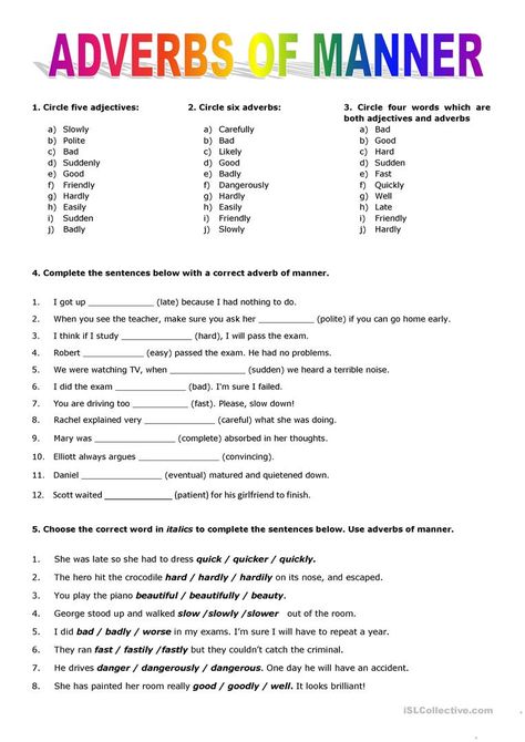 Adverb Of Manner Worksheet, Adverb Of Manner, Adverbs Of Manner, Adverb Activities, Worksheets For Grade 5, Adverbs Worksheet, Possessive Adjectives, Grammar Quiz, Teaching English Grammar