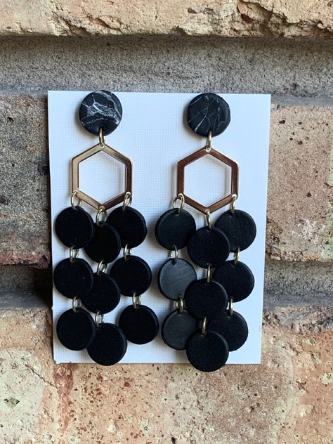 Handmade clay earrings Black Clay Earrings Diy, Clay Earrings Black And White, Black And Gold Polymer Clay Earrings, Black Clay Earrings, Black And Gold Clay Earrings, Black Polymer Clay Earrings, Marble Clay Earrings, Marble Clay, Black Marble Polymer Clay Earrings