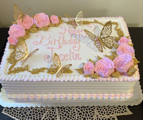 Butterfly Birthday Cake Rectangle, Sheet Cake Butterfly, Womens Birthday Cake Ideas Simple, Pink And Gold Sheet Cake, Square Butterfly Cake, Girly Cakes Birthday, Rectangle Cake Birthday, Square Cake Designs Birthday Women, Butterfly Sheet Cake Ideas