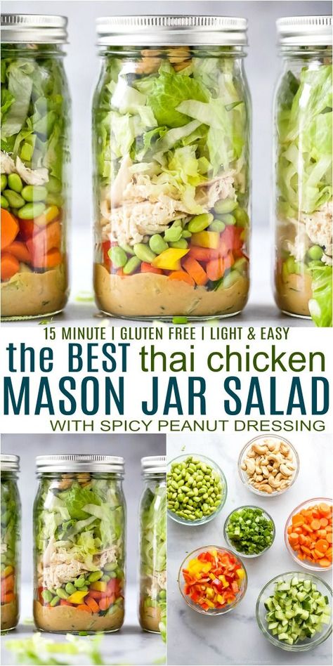 Chicken Mason Jar Salad, Easy Thai Chicken, Spicy Peanut Dressing, Make Ahead Lunch, Lunch For The Week, Mason Jar Lunch, Salad Jar Recipe, Thai Chicken Salad, Jar Salad