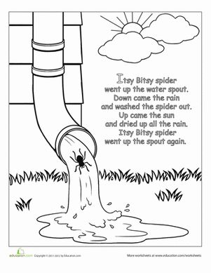 Preschool Fairy Tales Nursery Rhymes Worksheets: The Itsy Bitsy Spider: Rhyme Coloring Page Nursery Rhymes Worksheets, Rhyming Preschool, Nursery Rhyme Crafts, The Itsy Bitsy Spider, Nursery Rhymes Preschool, Nursery Rhyme Theme, Nursery Rhymes Activities, Rhyming Activities, Fairytale Nursery