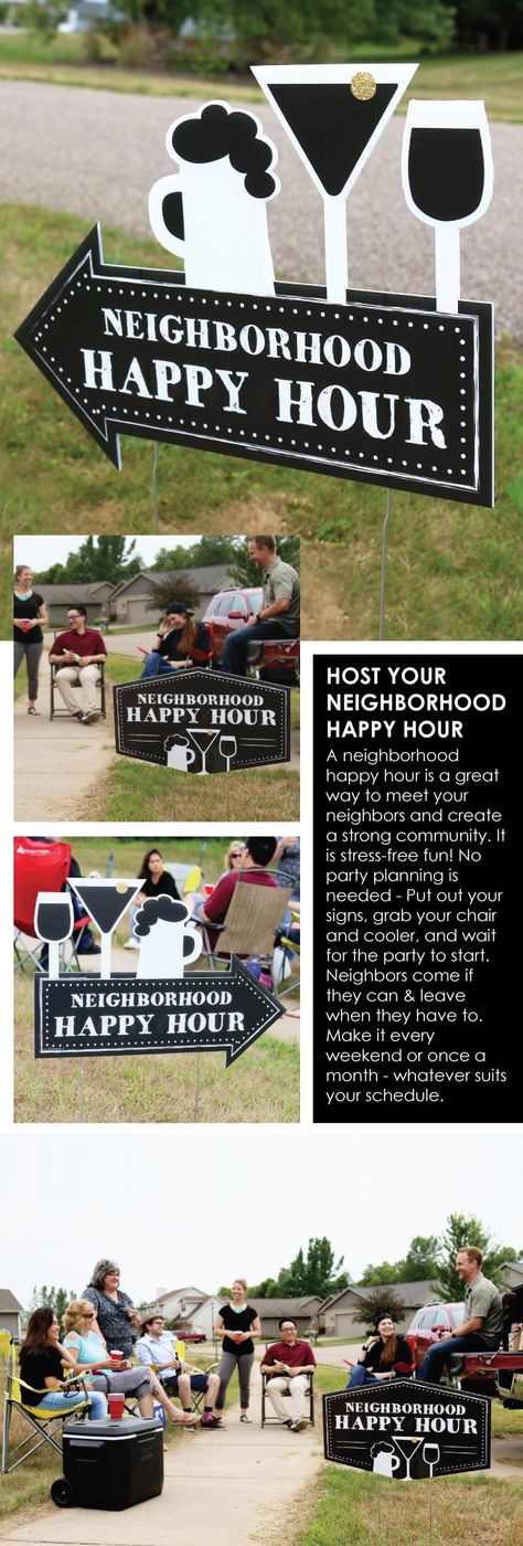 Neighborhood Happy Hour - Meet your neighbors and grow your community - Block Party Signs | BigDotOfHappiness.com Get To Know Your Neighbors Party, Meet The Neighbors Party, Neighborhood Events Ideas, Meet Your Neighbors Party, Neighborhood Meet And Greet Ideas, Neighborhood Gathering Ideas, Neighborhood Halloween Block Party Ideas, Neighborhood Social Ideas, Neighborhood Get Together Ideas