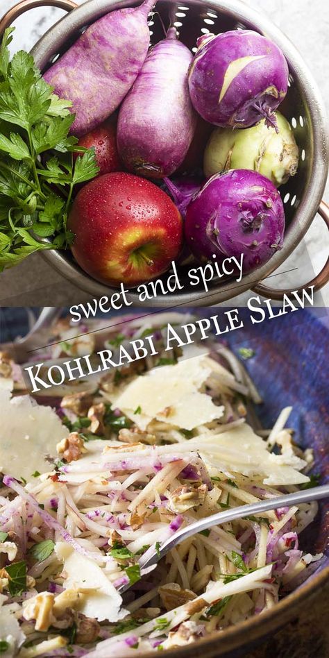 Sweet and Spicy Kohlrabi Apple Slaw - Just a Little Bit of Bacon Easy Green Salad Recipes, Kohlrabi Slaw, Kohlrabi Recipes, Apple Slaw, Farmers Market Recipes, Csa Recipes, Radish Recipes, Fresh Salad Recipes, Healthy Food Motivation