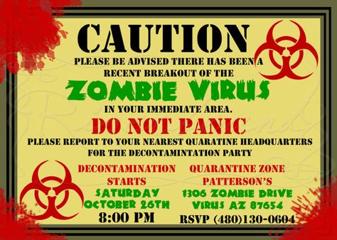 Zombie Virus Halloween Party Invitation Apocalypse Camp, Crypto Zoology, Zombie Diy, Apocalypse Halloween, Zombie Apocalypse Party, Zombie Wedding, Zombie Movie, Zombie Birthday Parties, Zombie Prom