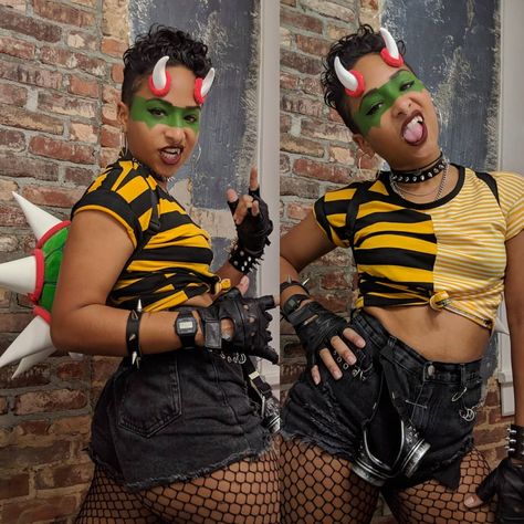 Video Game Fashion Inspired Outfits, Bowser Inspired Outfit, Bowser Halloween Costume Diy, Bowser Costume Diy Women, Bowser Costume Female, Bowser Cosplay Male, Bowser Outfit, Bowser Halloween Costume, Bowser Cosplay