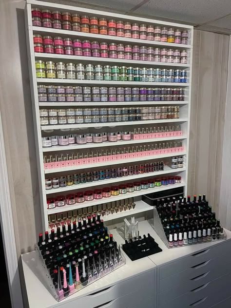 Shadow Box Storage, Nail Polish Holder Wall, Acrylic Nail Desk Setup, Statement Room Decor, Mini Nail Studio Ideas, Nail Salon Vision Board, Nail Dip Storage Ideas, Nail Supply Organization Ideas At Home, Desk For Nails