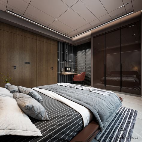 Design by : Amazing Interiors Ceiling Groove Design, Ceiling Groove Pattern, Ceiling Concept, Groove Pattern, Mirror Placement, Amazing Interiors, Bungalow Bedroom, Luxury Bedrooms, Round Bed