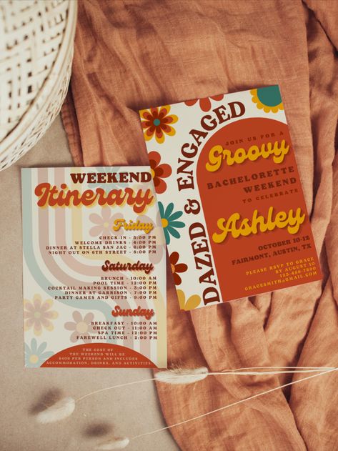 Dazed And Engaged Bachelorette Invite, Dazed Bachelorette Party, Dazed And Engaged Invitations, Dazed And Engaged Bachelorette Itinerary, Fleetwood Mac Bachelorette Party, 70s Bach Party, Bachelorette Party Themes Groovy, 70 Bachelorette Party, Retro Bachelorette Party Ideas