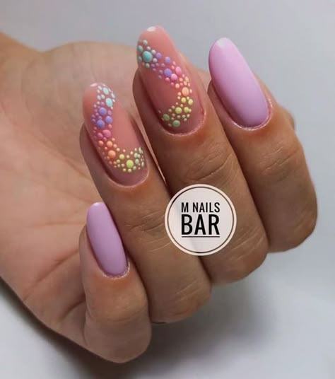 Pastel lavender polish with pastel ombre polka dots nail art on round nails Spring Nails Bright, Polka Dot Nail Designs, Dot Nail Designs, Colorful Nails, Polka Dot Nails, Dots Nails, Nails 2023, Pink Nail, Pastel Nails