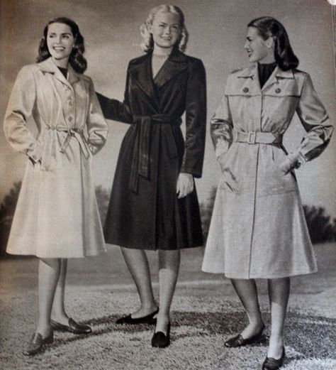 1940s raincoat; (middle) wrap coat in black, (R) trench coat, (L) semi trench box coat Vintage Prom Dresses 1950s, 1940s Coat, Warm Winter Coats, 1940s Jacket, Raincoat Outfit, Classic Clothes, Trench Coat Outfit, Jackets Fashion, Vintage Dresses 50s