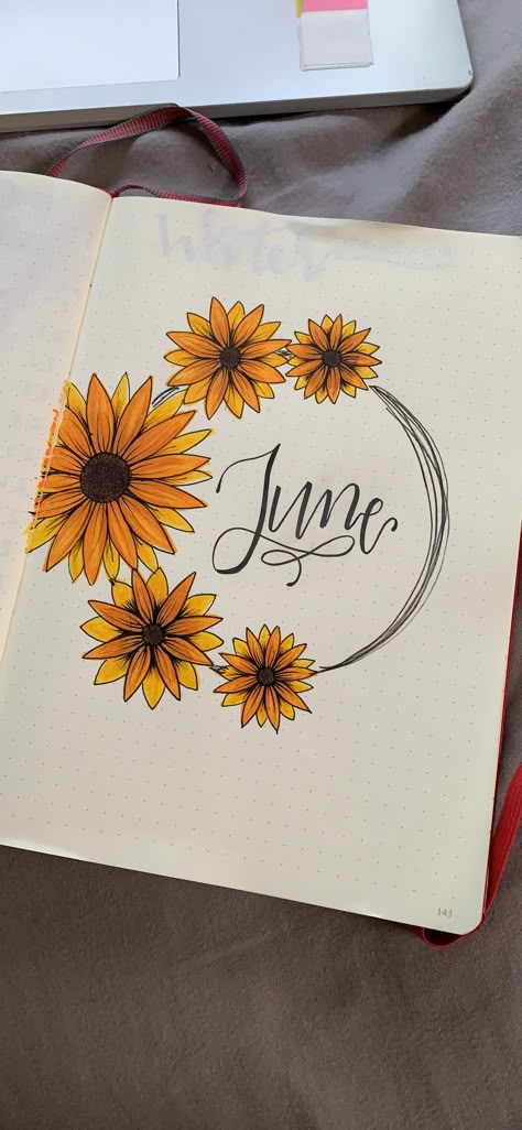 Term 2 Cover Page Ideas For School, Bujo Sunflower Theme, Sunflower Bullet Journal Theme, Aesthetic Assignment Cover Page, Diary Front Page Ideas Aesthetic, Coverpage Ideas For Projects Aesthetic, Journal Front Cover Ideas Aesthetic, Bujo Year Cover, Sunflower Bujo