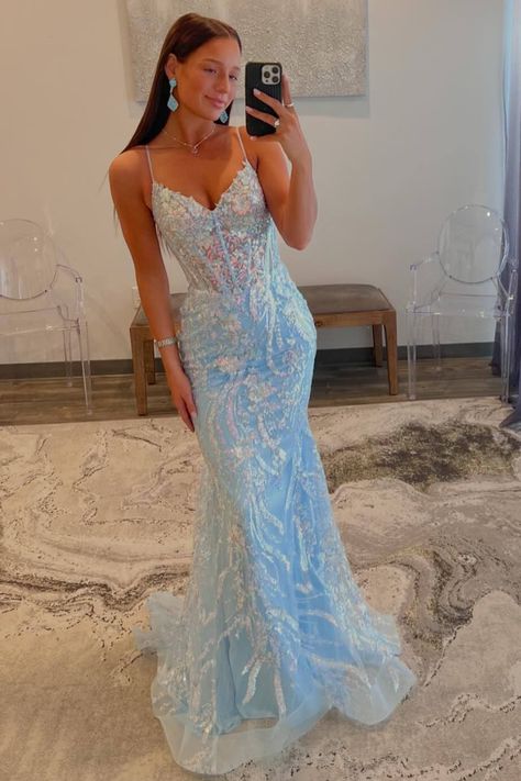 One Shoulder Homecoming Dress, Chiffon Wedding Dress Beach, Light Blue Prom Dress, Prom Inspo, Prom 2024, 2024 Prom, Spaghetti Strap Prom Dress, Corset Dress Prom, Sequin Appliques