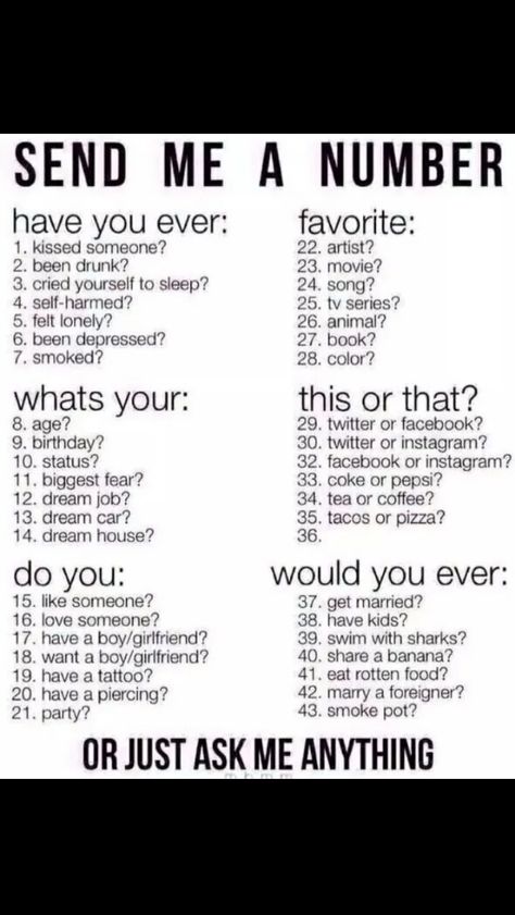 Send me a number Send Me A Number, Best Friend Quiz Questions, Questions About Yourself, Snapchat Question Game, Snapchat Story Questions, Snapchat Questions, Who Knows Me Best, Facebook Birthday, Ask Your Friends