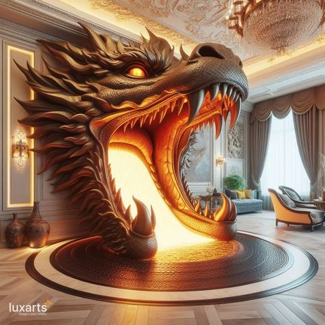 Dragon Fireplace, Dragon Light, Beautiful Furniture Pieces, Random Products, Mythical Dragons, Snow Sculptures, Dragon Phoenix, Dragon Decor, Traditional Fireplace