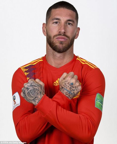 Sergio Ramos shows off his inked hands during his World Cup portrait shot last week Ramos Haircut, Helix Nebula, Football Ball, Hair Icon, National Football Teams, Mens Hairstyles Short, Neymar Jr, Good Looking Men, Soccer Players