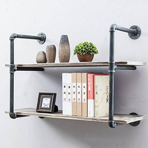 Industrial Pipe Shelves with Wood 2-Tiers,Rustic Wall Mount Shelf 36.2in,Metal Hung Bracket Bookshelf,Diy Storage Shelving Floating Shelves） Pipe Shelf Diy, Diy With Wood, Book Shelves Wall, Iron Pipe Shelves, Bookshelf Diy, Wall Mounted Shelving, Diy Pipe Shelves, Metal Floating Shelves, Wall Shelf Unit