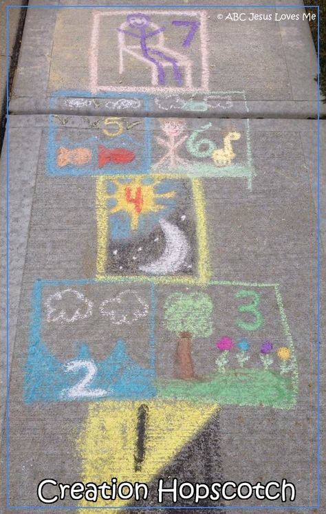 ABCJesusLovesMe:  Creation Hopscotch and 100's more ideas to teach the days of Creation Creation Activities, 7 Days Of Creation, Creation Bible, Story Tips, Days Of Creation, Sunday School Crafts For Kids, Preschool Bible, Bible School Crafts, Sunday School Activities