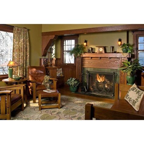 Craftsman Style Furniture, Craftsman Living Room, Arts And Crafts Interior Design, Arts And Crafts Interiors, Living Colors, Craftsman Interior, High Windows, Gustav Stickley, Arts And Crafts Furniture