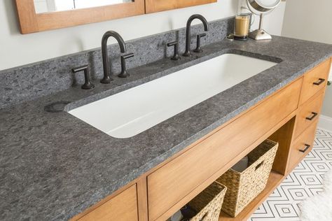 One Bathroom Sink With Two Faucets, Wide Sink Bathroom, Large Bathroom Sinks, Deep Bathroom Sink Ideas, Single Sink Two Faucets Bathroom, Single Sink Double Faucet, Farmhouse Sink Vanity Bathroom, Master Bath Trough Sink, Trough Sink Master Bath