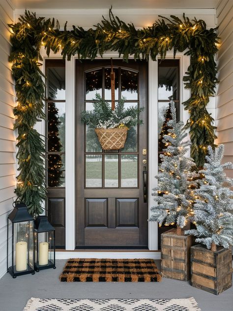 Outdoor Christmas Decorations Ideas 26 Colonial Outdoor Christmas Decor, Outdoor Lights Christmas Decor, Modern Farmhouse Christmas Exterior, Outdoor Christmas Garage Decorations, Outdoor Christmas Decorations Aesthetic, Exterior Christmas Lights Colonial, Christmas Porches Farmhouse, Decorated Front Porches For Christmas, Townhouse Christmas Lights Outdoor