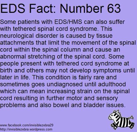 EDS Fact 63 “Some patients with EDS/HMS can also suffer with tethered spinal cord syndrome. This neurological disorder is caused by tissue attachments that limit the movement of the spinal cord within the spinal column and cause an abnormal stretching of the spinal cord. Some people present with tethered cord syndrome at birth and others may not develop symptoms until later in life. This condition is fairly rare and sometimes goes undiagnosed until adulthood...” #EDS #EhlersDanlosSyndrome Tethered Cord Syndrome, Spinal Cord Syndromes, Eds Facts, Ehlers Danlos Syndrome Symptoms, Symptoms Tracker, Elhers Danlos Syndrome, Ehlers Danlos Syndrome Hypermobility, Ehlers Danlos Syndrome Awareness, Dysautonomia Pots