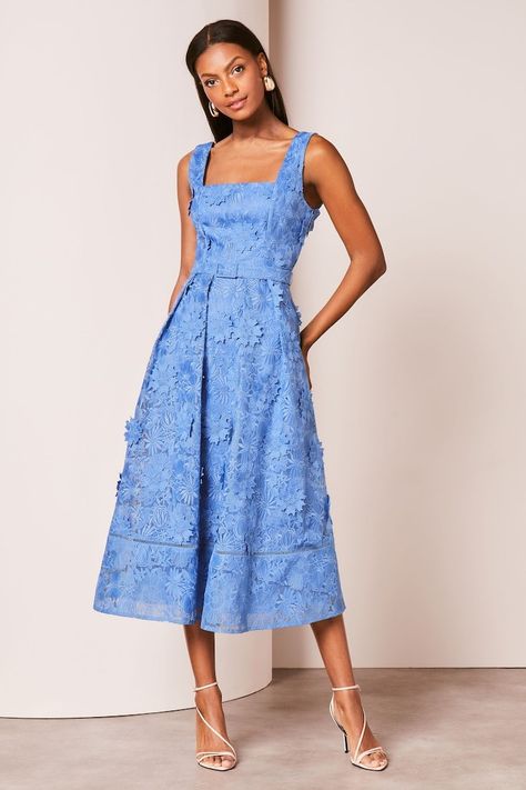 Midi Prom Dress, Midi Dress Outfit, Event Outfit, Embroidery Floral, Floral Lace Dress, Lace Embroidery, Lace Midi Dress, Blue Midi Dress, Floral Midi Dress