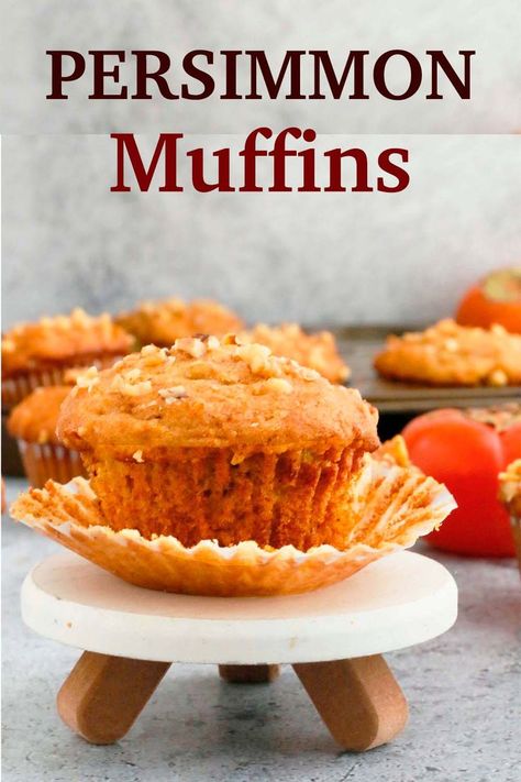 Best ever Persimmon Muffins – Soft, Fluffy and Tasty – No need to make persimmon pulp! Just grate hard Fuyu persimmons to make this easy muffin recipe. Persimmon Scones Recipe, Best Persimmon Cookies Recipe, Persimmon Recipes Cookie, Healthy Persimmon Recipes, Persimmon Muffin Recipes, Persimmon Muffins Recipe, Fuyu Persimmon Recipes, Roasted Persimmons, Persimmon Cookies Recipe