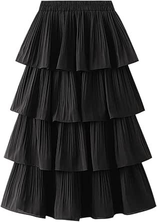 YOLAI Women Tiered Pleated Skirts High Waist Cake Skirt Casual Solid Layered Skirt Knee Length Skirt Summer Long Skirts, Pleated Maxi Skirts, A Line Formal Dress, Pattern Skirts, Prom Dress A Line, Ruffles Skirt, Long Skirt Summer, Irregular Skirt, Cake Skirt