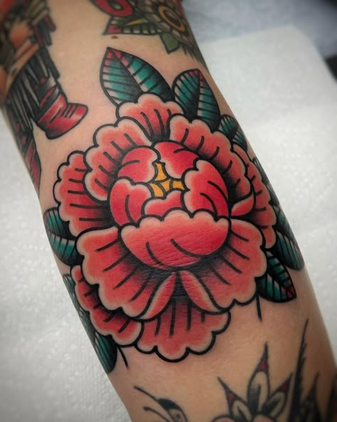 Peony Elbow Tattoo, Trad Flowers Tattoo, Traditional Style Elbow Tattoo, Peony Tattoo Elbow, Rose Elbow Tattoos For Women, Peach Peony Tattoo, Neotraditional Elbow Tattoo, Traditional Elbow Flower Tattoo, Traditional Peony