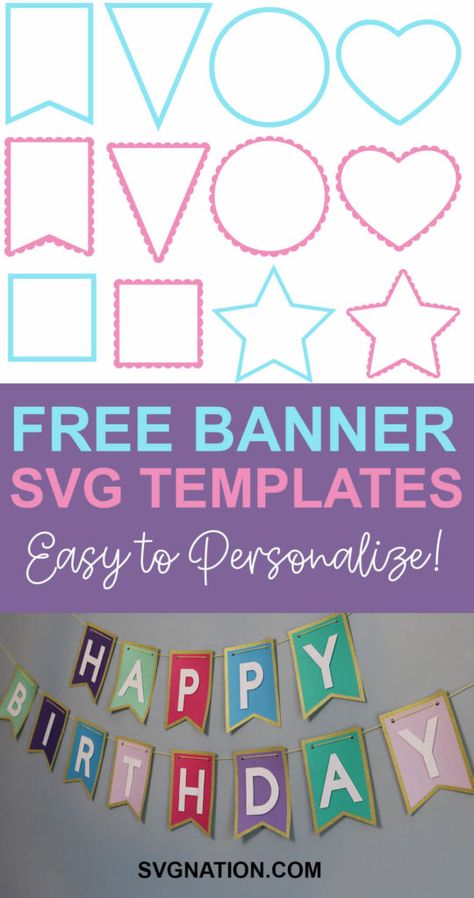 Free Banner Svg Files For Cricut, Cricut Banner Template Free, Banner Svg Free Cricut, Diy Banner Template, Happy Birthday Banner Diy, Cricut Banner, Pendant Banner, Banner Svg, Happy Birthday Banner Printable