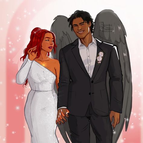 Starting a new series cuz I want to draw wedding dresses! Bryce and Hunt on their wedding! I love love love Bryce’s dress. Of course she… | Instagram Bryce And Hunt, Sara J Maas, Hunting Wedding, Library Inspiration, Hips Dips, Want To Draw, I Love Love, Nerd Life, Crescent City