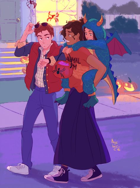 Peter and MJ. Art by @azeher_may on Twitter Morgan Stark, Peter Parker, Flower Vases, Trick Or Treat, Tumblr