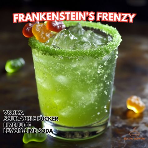 🔬🍹 Dive into the madness with Frankenstein's Frenzy! A wickedly delicious drink that will electrify your Halloween party! #FrankensteinsFrenzy Frankenstein's Frenzy Ingredients: Vodka (2 oz) Sour apple pucker (1 oz) Lime juice (½ oz) Lemon-lime soda (2 oz) Green sugar (for rimming) Gummy worms (for garnish) Ice cubes (for serving) Instructions: Rim your glass with green sugar. In a shaker, combine vodka, sour apple pucker, lime juice, and ice. Shake well and strain into the prepared glass... Vodka Jungle Juice Recipes, Apple Pucker Shots, Green Goblin Drink, Halloween Alcoholic Drinks Vodka, Green Apple Pucker Drinks, Halloween Jungle Juice Recipe Alcoholic, Halloween Drinks With Vodka, Halloween Boozy Drinks, Sour Apple Pucker Drinks