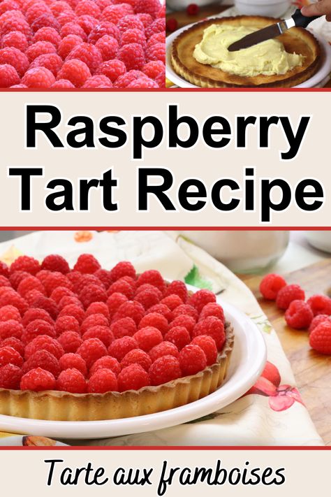 This French Raspberry Tart Recipe is as delicious as it is beautiful. It combines a crunchy tart shell, with decadent vanilla pastry cream and fresh ripe raspberries for an amazing and impressive dessert! French Raspberry Tart, Raspberry Cream Tart, Raspberry Tarts Recipe Easy, Rasberry Tart Recipes, Raspberry Custard Tart, European Baking, Raspberry Custard, Raspberry Tart Recipe, Almond Tart Recipe