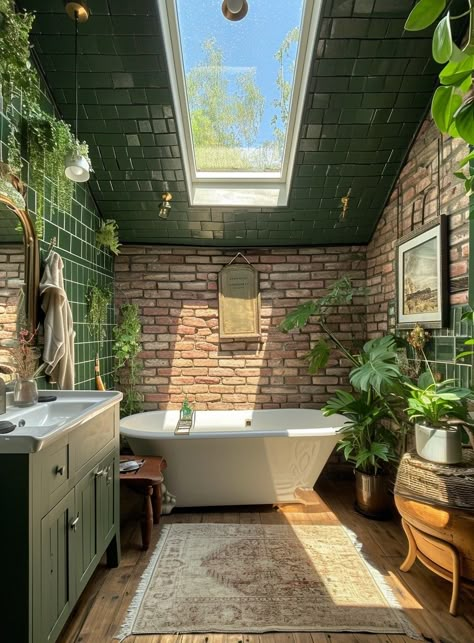 How To Decorate A Skylight, Dream Boho House, Home Inspo Bathroom, Cute Bathroom Design, Future Home Decor, Apartment Decorating Green, Dream Home Inspiration, Dream Home Interiors, House Interior Boho