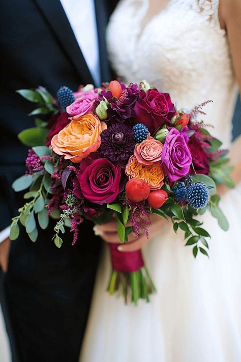 Jewel Tone Wedding bouquet Magenta Flowers Bouquet, Multicolored Bouquet Wedding, Wedding Flowers Multicolor, Types Of Wedding Flowers Fall, Dark Pink Bridal Bouquet, Floral Arrangement In Vase, Groomsmen Jewel Tone, Colorful Wedding Theme Ideas, Floral Bouquet Color Palette