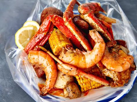 Seafood Boil in a Bag Recipe Seafood Boil In A Bag, Seasoned Butter, 5 Ingredient Dinners, Boiled Food, Seafood Seasoning, Shrimp Boil, Shrimp Seasoning, Seafood Boil, Salad Side Dishes