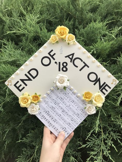 Music and theatre graduation cap Theater Graduation Cap, Theatre Graduation Cap, Graduation Diy Decorations, High School Graduation Cap Designs, Graduation Cap Designs College, Funny Graduation Caps, College Grad Cap Ideas, Grad Cap Decorated, Graduation Cap Decoration Diy