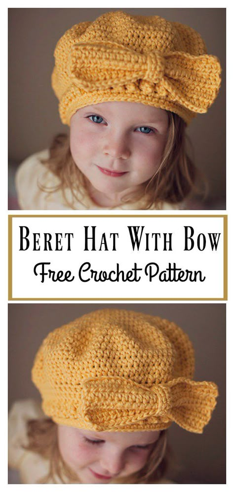 Beret Hat Free Crochet Pattern With Bow #Freepattern #Crochet Bow Hat Crochet Pattern, Free Crochet Pattern For Toddler Hat, Crochet Barret Hat Pattern Free, Crochet Beret Hat Pattern, Crochet Bow Hat, Crocheted Beret Free Pattern, Children’s Crochet Hat Patterns, Crochet Kids Hats Free Patterns Children, Crochet Toddler Hats Free Pattern