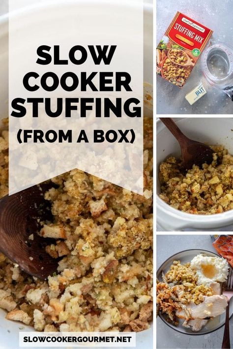 Need a hack to make your Thanksgiving dinner a bit easier? How about using your slow cooker to make your boxed stuffing mix? No stove, no boiling! Just stuffing ready when you are! #slowcooker #thanksgiving #stuffing Boxed Stuffing Recipes Ideas, Stuffing Crockpot, Slow Cooker Stuffing, Stuffing Recipes Crockpot, Boxed Stuffing, Box Stuffing, Stove Top Stuffing Recipes, Crockpot Stuffing, Dump Recipes