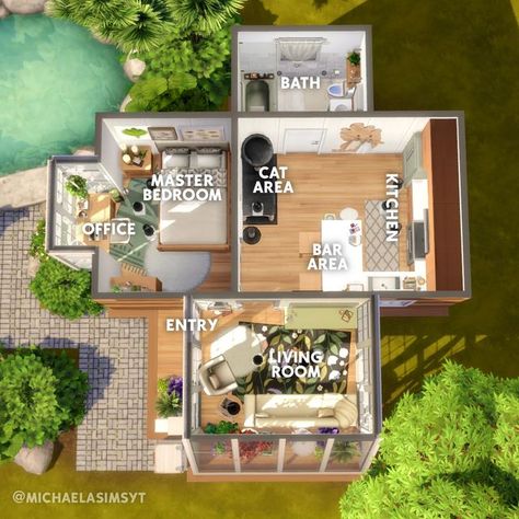 Sims 4 Small House Floor Plans, Tiny House Layout Floor Plans, Sims 4 Exterior, Sims 4 Ideas, Mt Komorebi, Sims 4 Houses Layout, Sims 4 House, Modern House Floor Plans, Sims 4 Bedroom