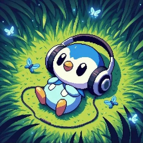 Pokemon Pfp Pixel, Pokemon Wallpaper For Ipad, Pokemon With Headphones, Piplup Halloween, Pokemon Discord Pfp, Pokemon Headphones, Simple Pokemon Painting, Y2k Pokemon, Piplup Pfp